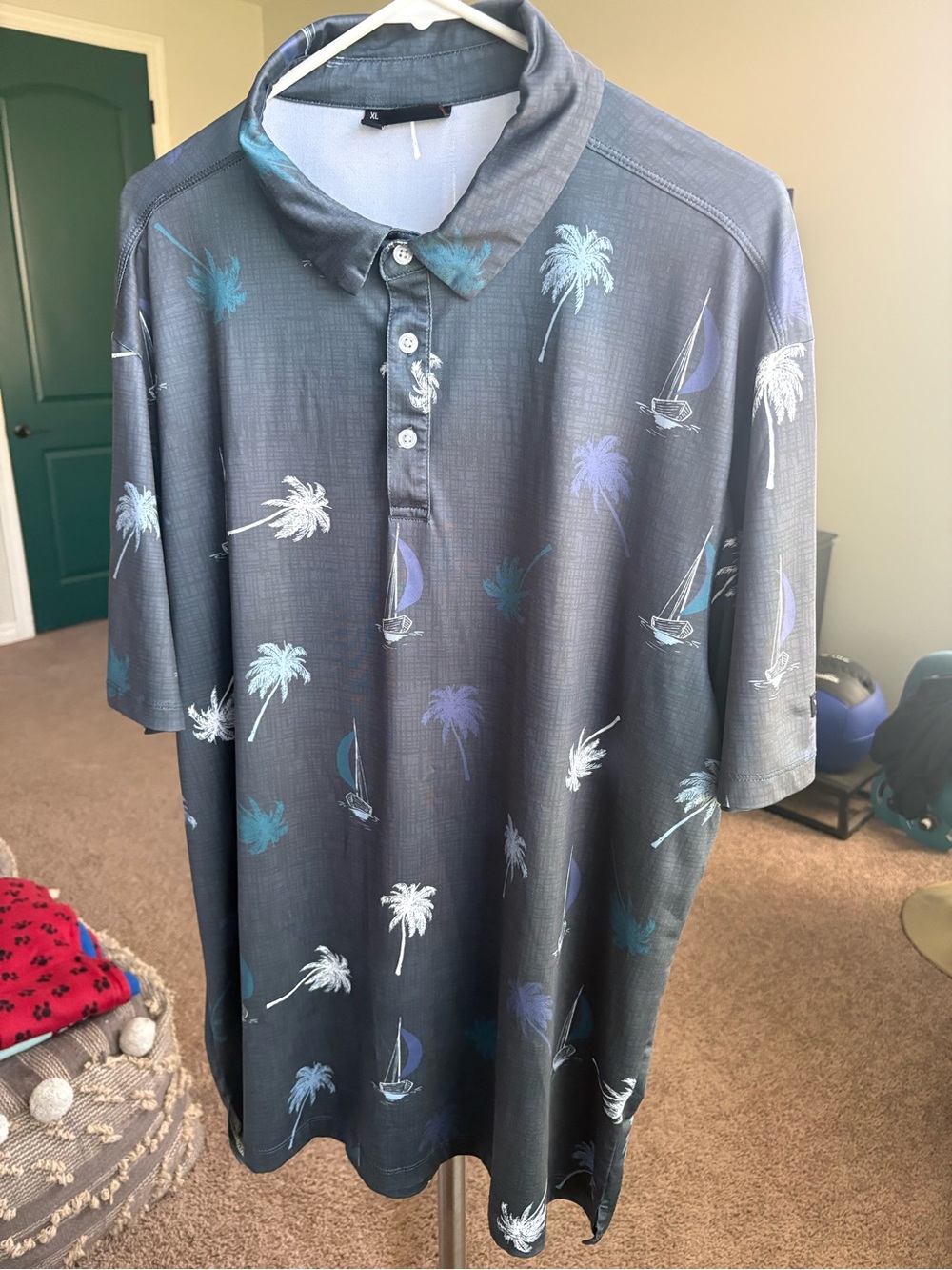 🌴 🌴Men's Yatta Golf ⛳️ ⛳️Grey Tropical Palm-Print Polo Shirt XL 🏌️🏌️